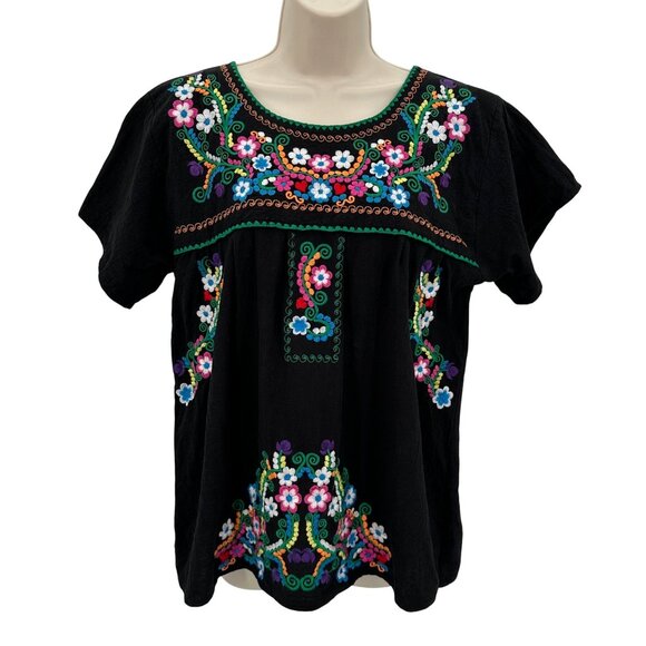 YZXDORWJ Womens Black Short Sleeve Embroidered Floral Cotton Blouse Size XL - Picture 1 of 10